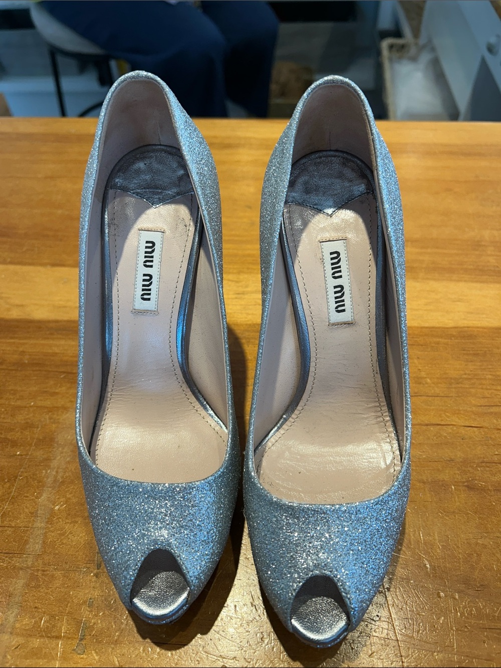 Miu Miu Silver Glitter Peep-Toe Heels